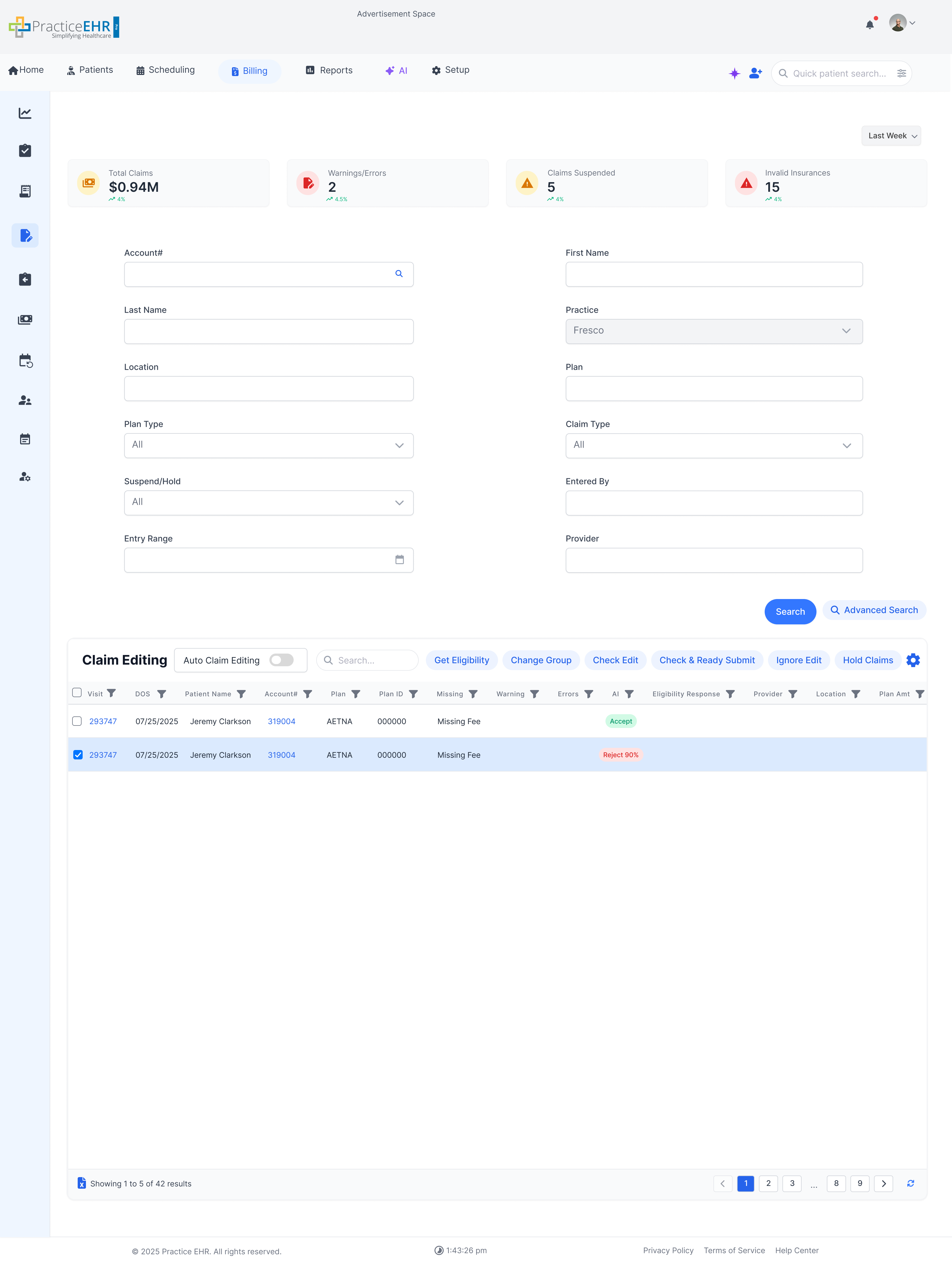Claim Editing - Advance Search Screenshot